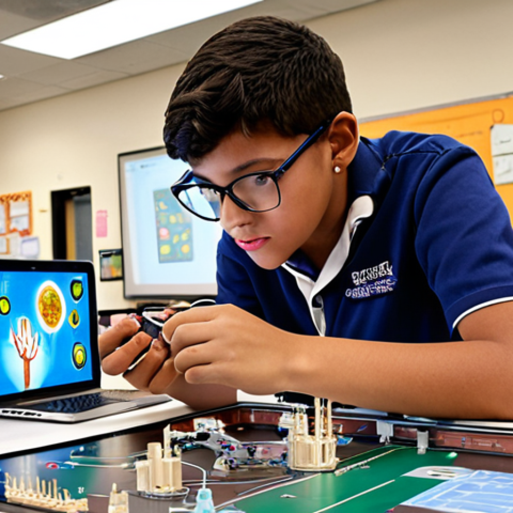 **Prompt:** Integrated learning environment showcasing STEAM subjects (Science, Technology, Engineering, Art, Mathematics) being taught collaboratively. Include diverse students, modern technology, and a bright, innovative atmosphere. Focus on hands-on activities and problem-solving.