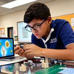 **Prompt:** Integrated learning environment showcasing STEAM subjects (Science, Technology, Engineering, Art, Mathematics) being taught collaboratively. Include diverse students, modern technology, and a bright, innovative atmosphere. Focus on hands-on activities and problem-solving.