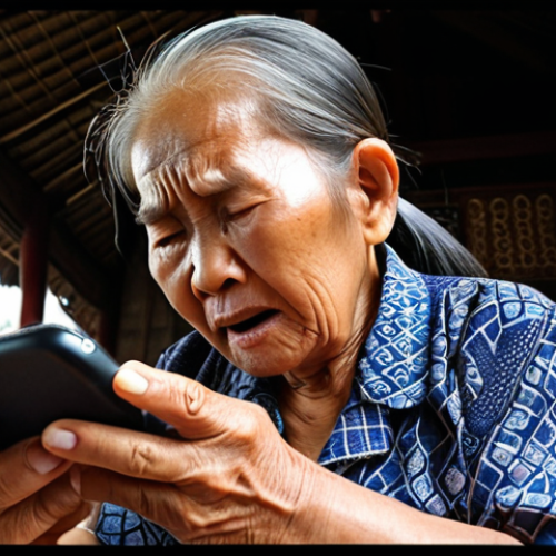 **Image Prompt:** Elderly Thai woman struggling to use a smartphone, frustrated expression, surrounded by traditional Thai home setting, low-angle shot emphasizing difficulty.