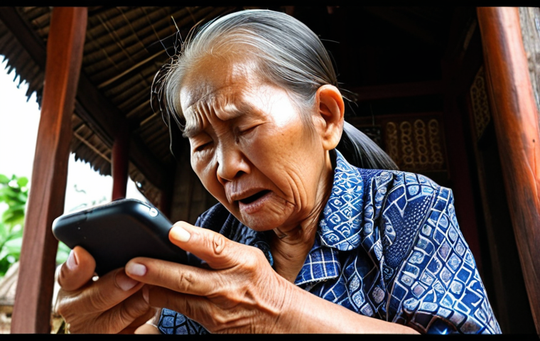**Image Prompt:** Elderly Thai woman struggling to use a smartphone, frustrated expression, surrounded by traditional Thai home setting, low-angle shot emphasizing difficulty.