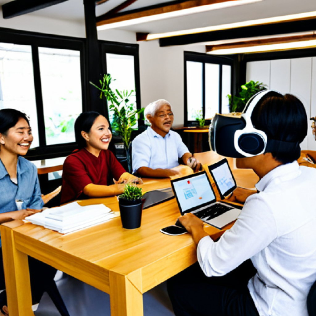 Empathy in Action**

A diverse group of Thai people are gathered around a table in a co-working space, smiling and gesturing. One person is wearing a simulation headset (like VR, but showing limited mobility/vision). The room has elements of Thai design (e.g., silk fabrics, handcrafted items), creating a sense of warmth and community. The prompt should convey understanding user needs for a social problem.
`safe for work`, `professional`, `appropriate content`, `fully clothed`, `perfect anatomy`, `natural proportions`, `Thai co-working space`, `empathy building activity`, `inclusive design`, `user research`

**