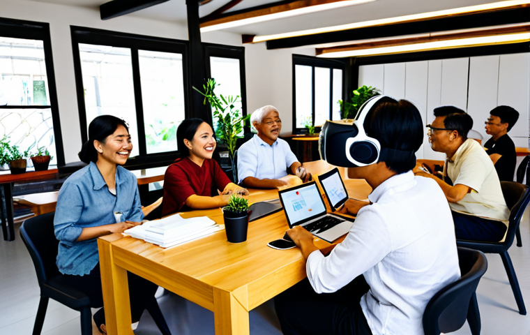 Empathy in Action**

A diverse group of Thai people are gathered around a table in a co-working space, smiling and gesturing. One person is wearing a simulation headset (like VR, but showing limited mobility/vision). The room has elements of Thai design (e.g., silk fabrics, handcrafted items), creating a sense of warmth and community. The prompt should convey understanding user needs for a social problem.
`safe for work`, `professional`, `appropriate content`, `fully clothed`, `perfect anatomy`, `natural proportions`, `Thai co-working space`, `empathy building activity`, `inclusive design`, `user research`

**
