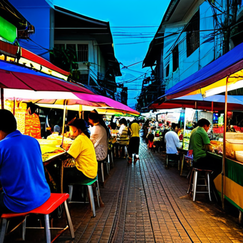 **

A bustling street food market in Bangkok at dusk. Vendors are preparing Pad Thai and Mango Sticky Rice. Colorful umbrellas and neon signs illuminate the scene. People are enjoying the food. Ensure everyone is fully clothed in modest, everyday attire. Safe for work, appropriate content, family-friendly, professional photography, perfect anatomy, natural proportions, high quality.

**