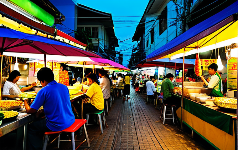 **

A bustling street food market in Bangkok at dusk. Vendors are preparing Pad Thai and Mango Sticky Rice. Colorful umbrellas and neon signs illuminate the scene. People are enjoying the food. Ensure everyone is fully clothed in modest, everyday attire. Safe for work, appropriate content, family-friendly, professional photography, perfect anatomy, natural proportions, high quality.

**