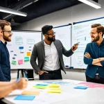 디자인 사고 교육의 효과적인 운영 방안 - **Prompt:** A diverse team of five individuals, dressed in smart casual attire, actively collaborati...