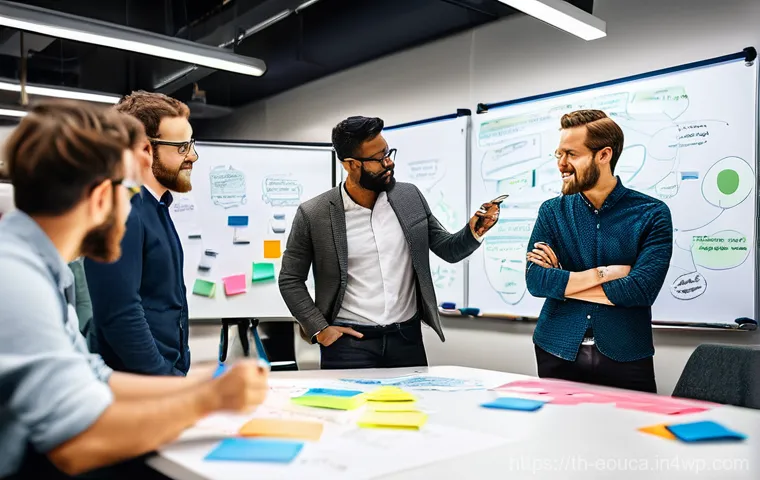 디자인 사고 교육의 효과적인 운영 방안 - **Prompt:** A diverse team of five individuals, dressed in smart casual attire, actively collaborati...