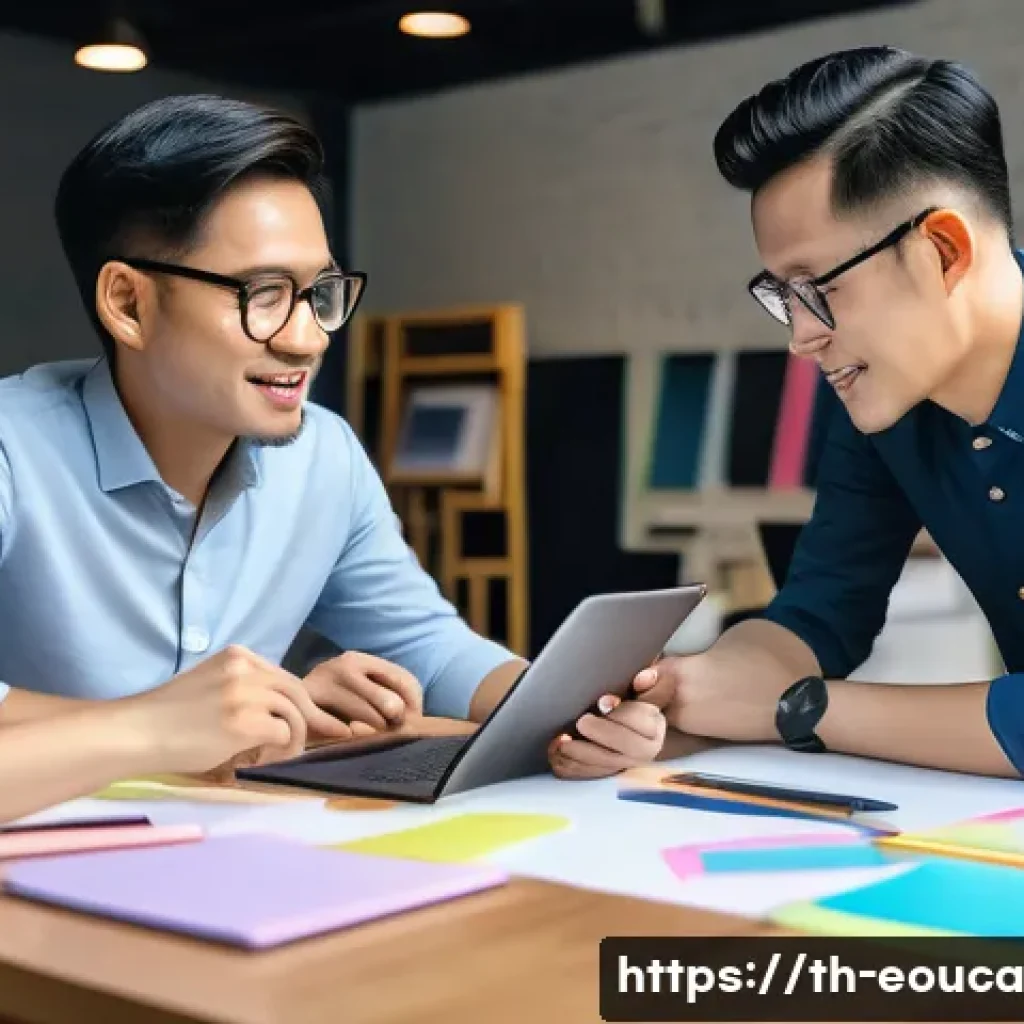 디자인 사고 교육에서의 멘토링의 중요성 - A professional mentoring session in a modern co-working space in Bangkok, Thailand, featuring a dive...