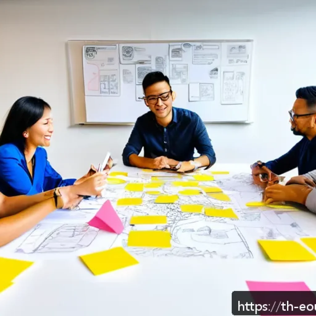 디자인 사고와 사용자 경험의 관계 - A diverse group of Thai UX designers collaborating in a modern co-working space, enthusiastically br...