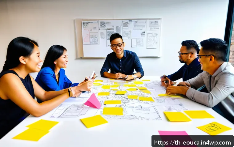 디자인 사고와 사용자 경험의 관계 - A diverse group of Thai UX designers collaborating in a modern co-working space, enthusiastically br...