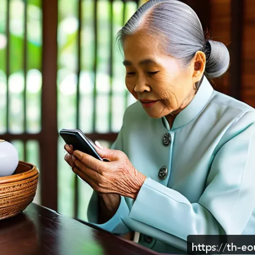 디자인 사고와 인문학적 접근 - A warm and inviting scene of a Thai elderly woman using a mobile application on a sleek smartphone, ...