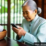 디자인 사고와 인문학적 접근 - A warm and inviting scene of a Thai elderly woman using a mobile application on a sleek smartphone, ...