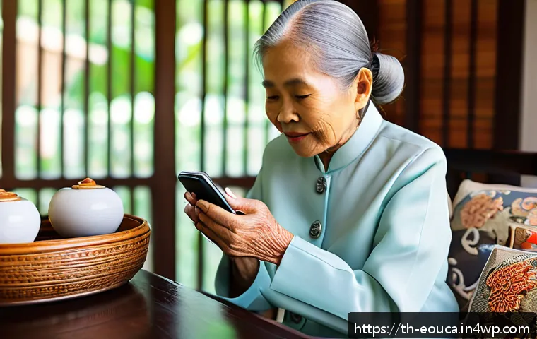 디자인 사고와 인문학적 접근 - A warm and inviting scene of a Thai elderly woman using a mobile application on a sleek smartphone, ...