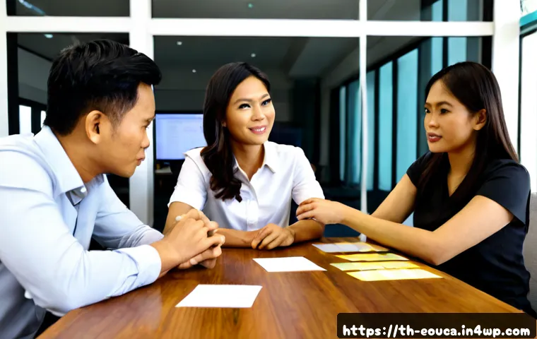 Home 17 디자인 사고 의사소통 기술 향상 - Photorealistic Thai workplace design-thinking workshop, four diverse adult colleagues seated around ...